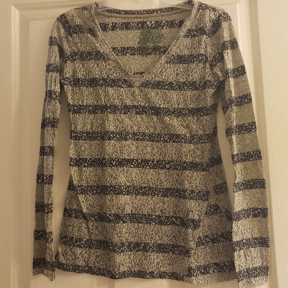 Black and Gray Animal Print V-Neck Blouse